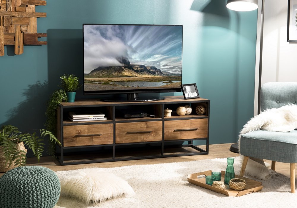 Meuble TV industriel 3 Tiroirs SIXTINE en bois et métal